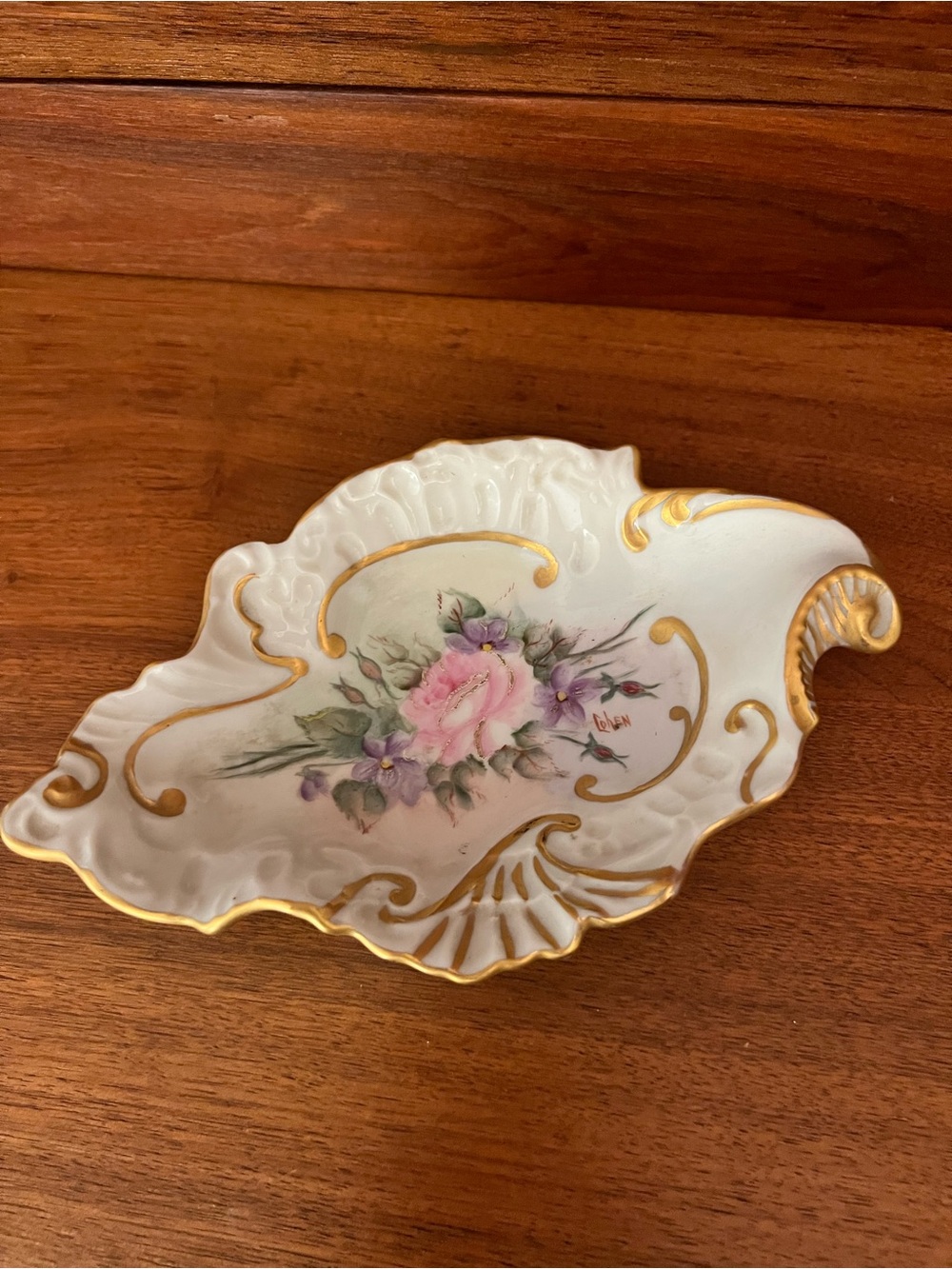 Vintage Hand-Painted Floral Porcelain Dish with Gold Trim